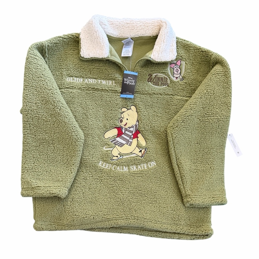 Winnie the Pooh Sherpa Women's L Sage or Olive Green Zip Fleece Pullover NWT